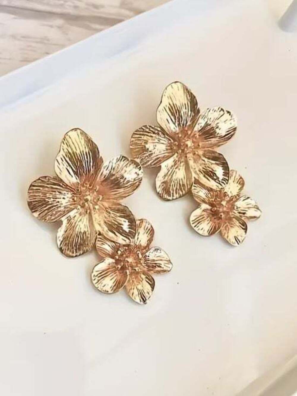 Gold Double Floral Drop Earrings - Women Jewelry